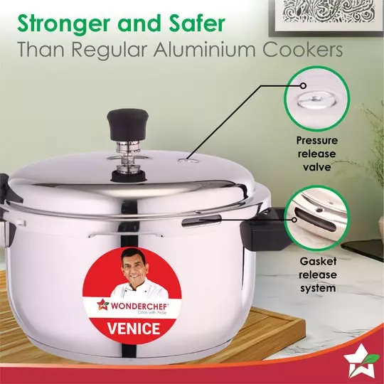 Wonderchef Venice 5 L Pressure Cooker with Outer Lid Stainless Steel Chrome ISI Certified, 63155044