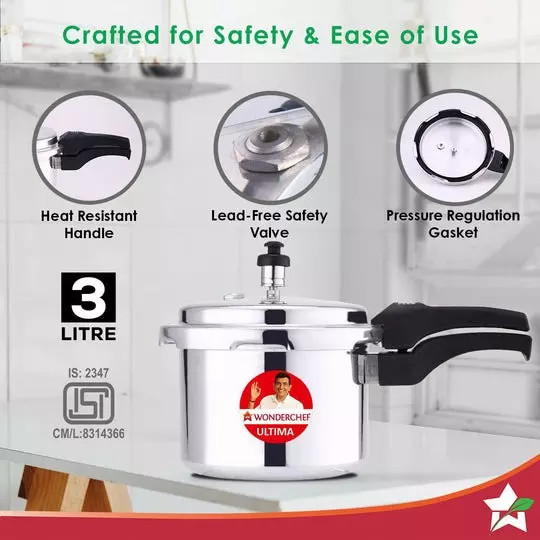 Wonderchef Ultima 3 L Pressure Cooker with Outer Lid Aluminium Silver ISI Certified, 63152606