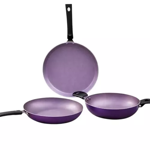 Wonderchef Valencia Dosa Tawa, Fry Pan Kadhai Non Stick Pure Grade Aluminium Purple, 63154766 (3 Pcs Set)