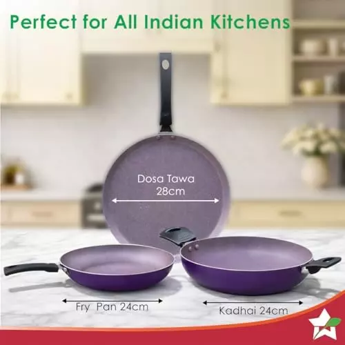 Wonderchef Valencia Dosa Tawa, Fry Pan Kadhai Non Stick Pure Grade Aluminium Purple, 63154766 (3 Pcs Set)