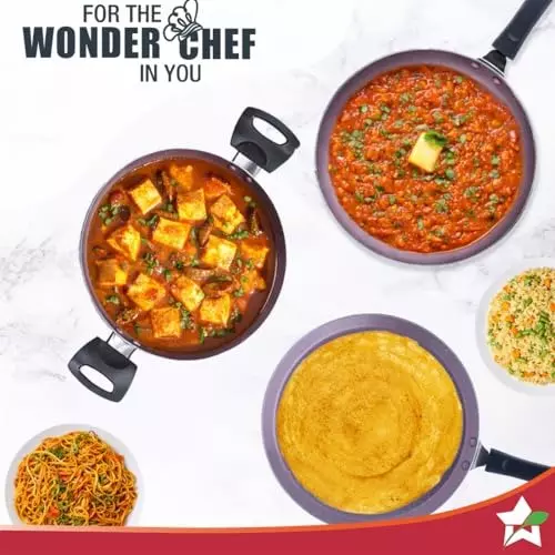 Wonderchef Valencia Dosa Tawa, Fry Pan Kadhai Non Stick Pure Grade Aluminium Purple, 63154766 (3 Pcs Set)