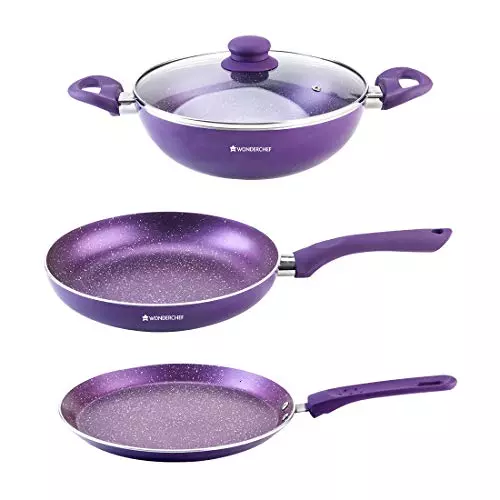 Wonderchef Orchid Dosa Tawa, Fry Pan & Kadhai with Glass Lid Non Stick Virgin Aluminium Purple, 63153377 (4 Pcs Set)