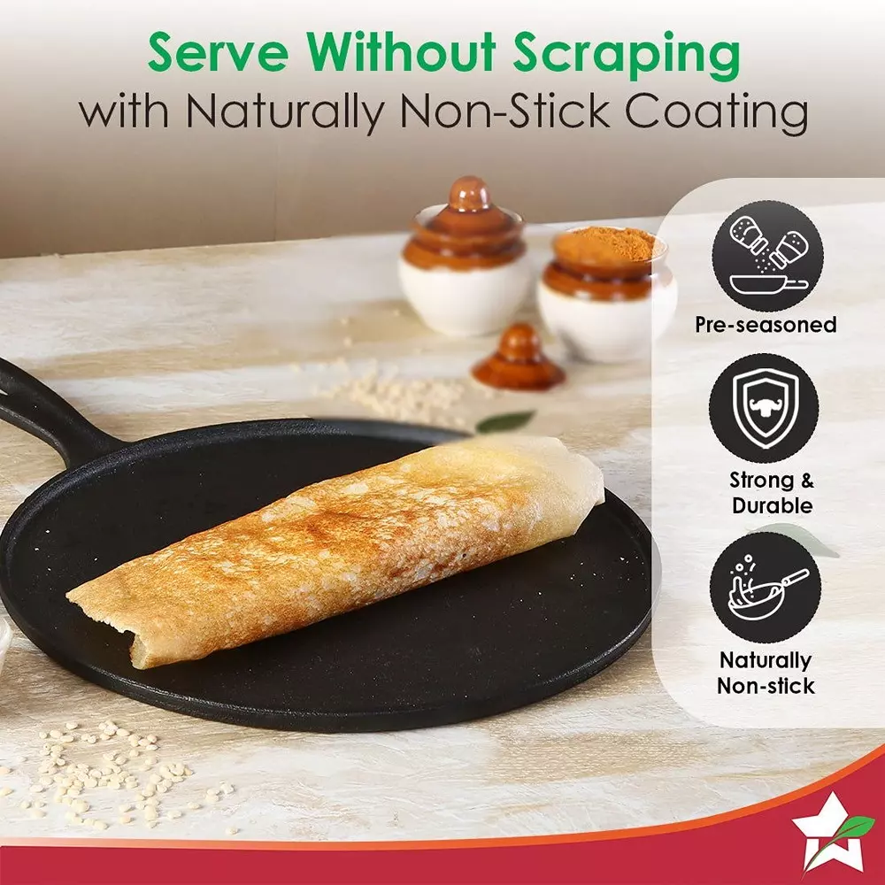 Wonderchef Forza Pre-Seasoned Dosa Tawa 27 cm Cast-Iron Black, 63160003