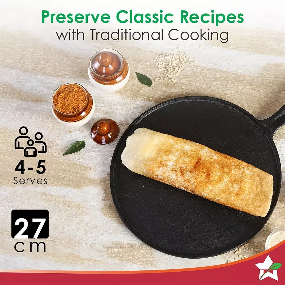 Wonderchef Forza Pre-Seasoned Dosa Tawa 27 cm Cast-Iron Black, 63160003