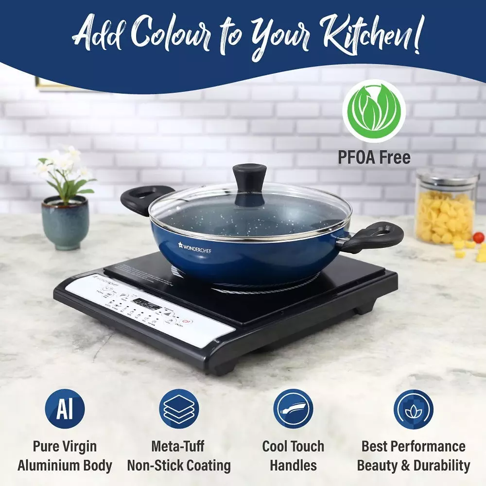 Wonderchef Galaxy Kadhai with Glass Lid 24 cm 2 L Aluminium Non-Stick Midnight Blue, 63154753