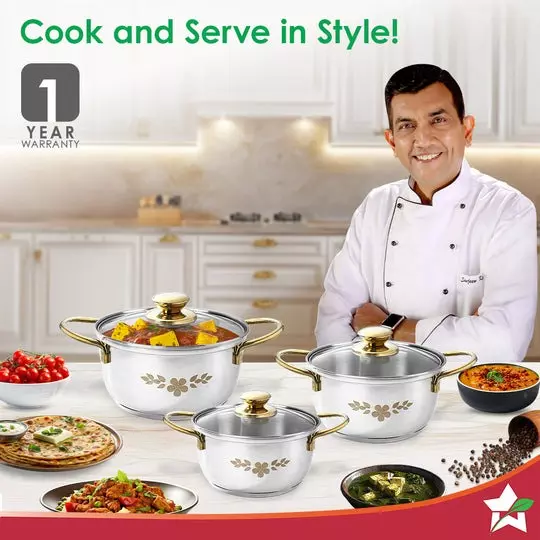 Wonderchef Gold Stanton 1.6, 2.3 & 3.1 L Casserole Set with Glass Lid Stainless Steel Chrome, 63154761 (6 Pcs Set)
