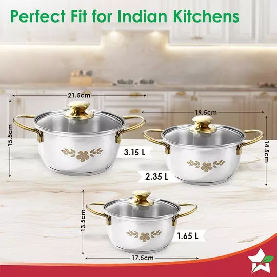 Wonderchef Gold Stanton 1.6, 2.3 & 3.1 L Casserole Set with Glass Lid Stainless Steel Chrome, 63154761 (6 Pcs Set)