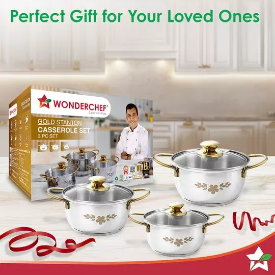 Wonderchef Gold Stanton 1.6, 2.3 & 3.1 L Casserole Set with Glass Lid Stainless Steel Chrome, 63154761 (6 Pcs Set)