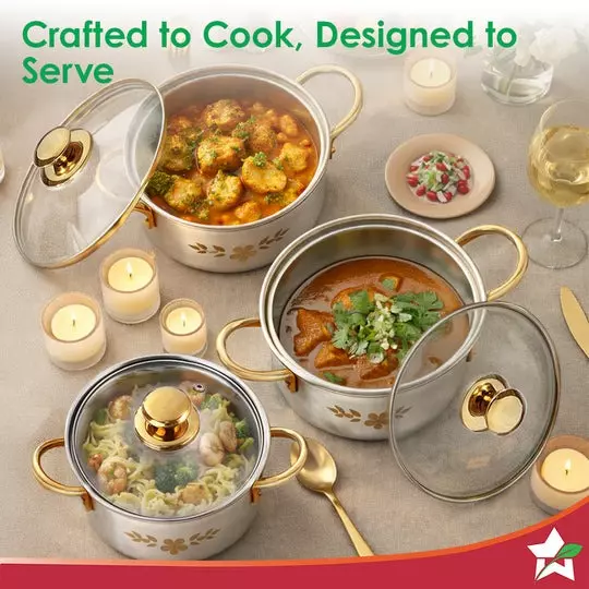 Wonderchef Gold Stanton 1.6, 2.3 & 3.1 L Casserole Set with Glass Lid Stainless Steel Chrome, 63154761 (6 Pcs Set)