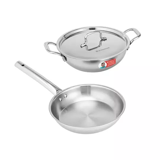 Wonderchef Venice Fry Pan & Kadhai with Lid Non-Toxic Triply Stainless Steel Chrome, 63155026 (3 Pcs Set)