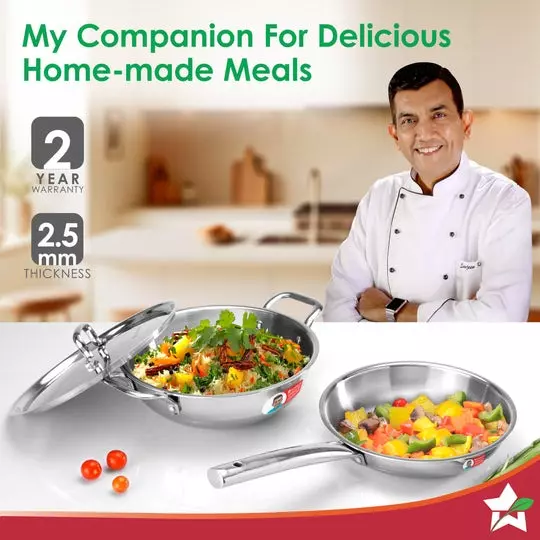 Wonderchef Venice Fry Pan & Kadhai with Lid Non-Toxic Triply Stainless Steel Chrome, 63155026 (3 Pcs Set)