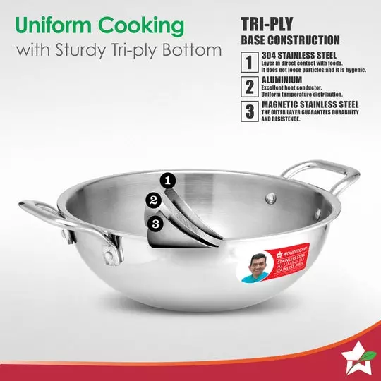 Wonderchef Venice Fry Pan & Kadhai with Lid Non-Toxic Triply Stainless Steel Chrome, 63155026 (3 Pcs Set)