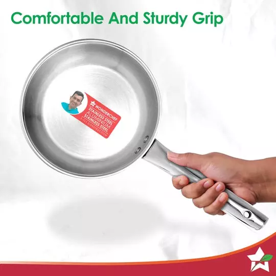 Wonderchef Venice Fry Pan & Kadhai with Lid Non-Toxic Triply Stainless Steel Chrome, 63155026 (3 Pcs Set)