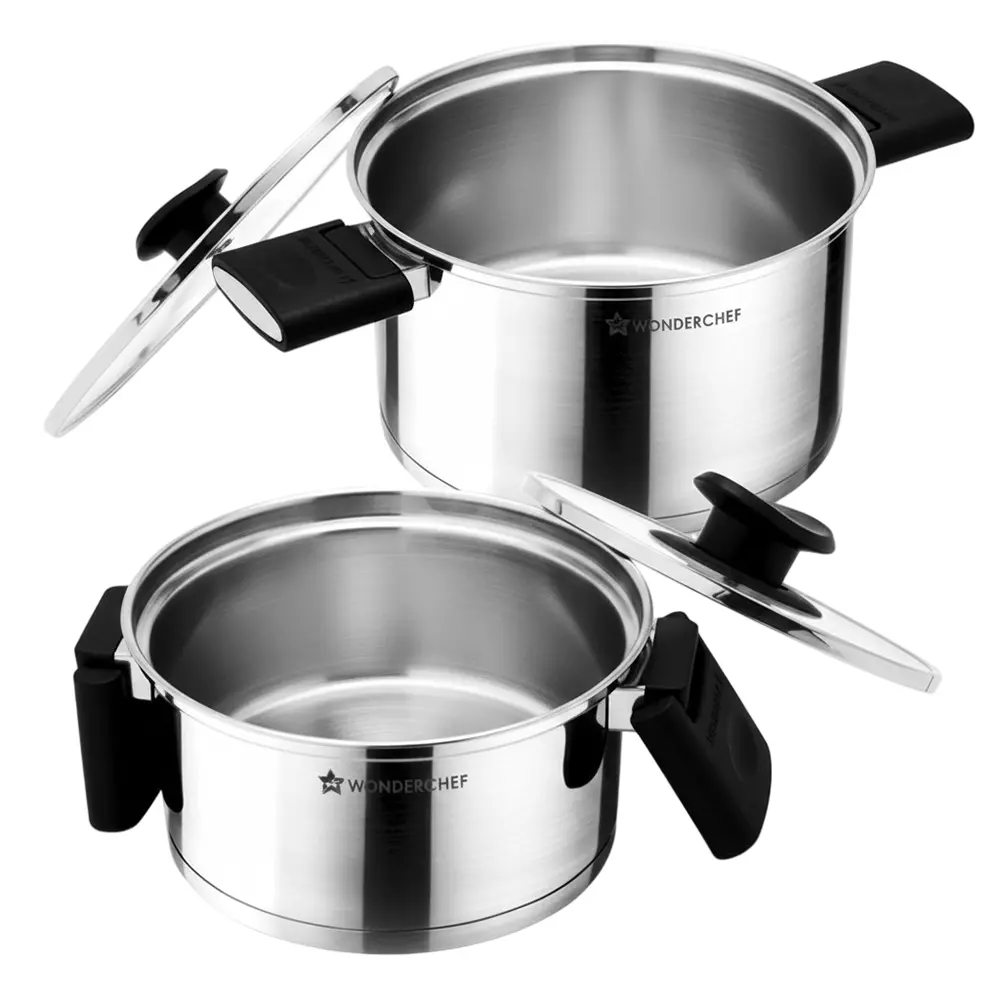 Wonderchef Click & Cook 1 & 3 L Casserole Set with Glass Lid Stainless Steel Chrome, 63154976 (4 Pcs Set)