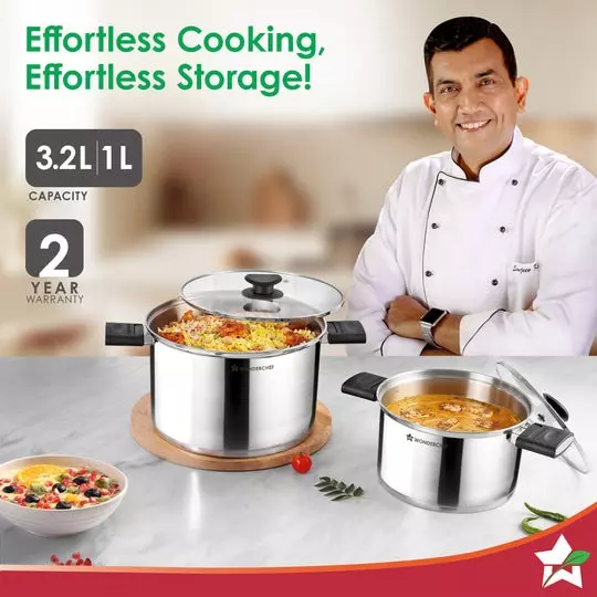 Wonderchef Click & Cook 1 & 3 L Casserole Set with Glass Lid Stainless Steel Chrome, 63154976 (4 Pcs Set)