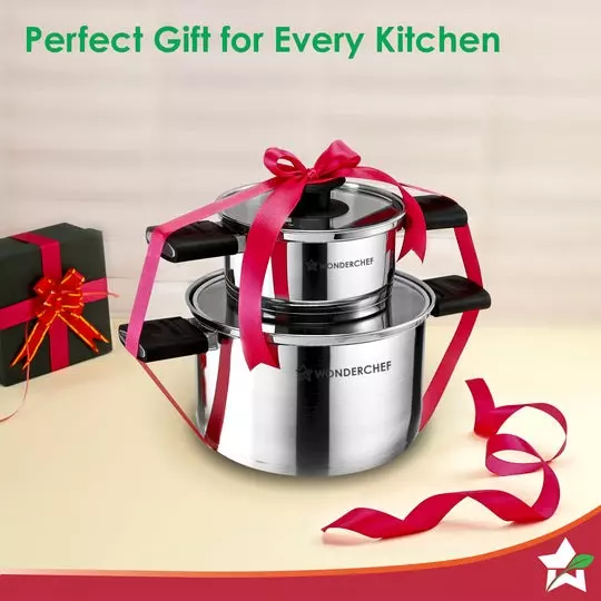 Wonderchef Click & Cook 1 & 3 L Casserole Set with Glass Lid Stainless Steel Chrome, 63154976 (4 Pcs Set)