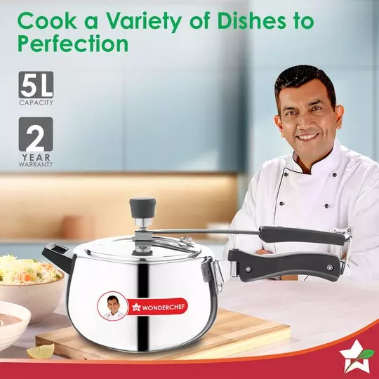 Wonderchef Nigella 5 L Pressure Cooker with Inner Lid Triply Stainless Steel Chrome ISI Certified, 63155041