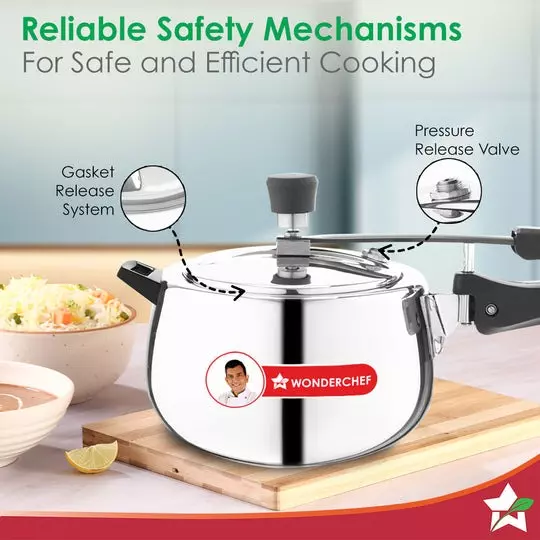 Wonderchef Nigella 5 L Pressure Cooker with Inner Lid Triply Stainless Steel Chrome ISI Certified, 63155041