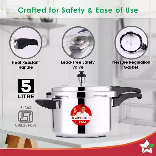 Wonderchef Ultima 5 L Pressure Cooker with Outer Lid Aluminium Silver ISI Certified, 63152607