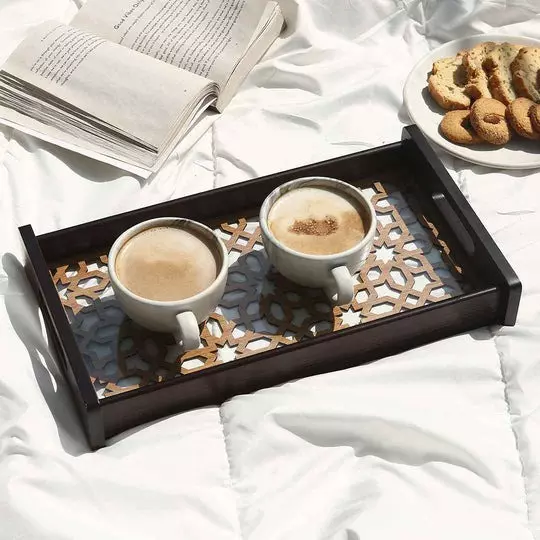 Wonderchef Casablanca Ornamental Tile Glass Tray Engineered Wood Brown 20x36x5 cm Small, 63154050