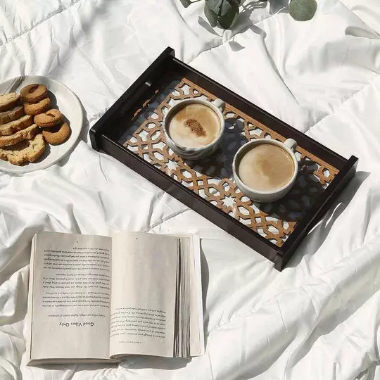 Wonderchef Casablanca Ornamental Tile Glass Tray Engineered Wood Brown 20x36x5 cm Small, 63154050