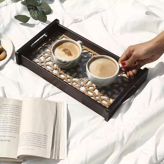 Wonderchef Casablanca Ornamental Tile Glass Tray Engineered Wood Brown 20x36x5 cm Small, 63154050