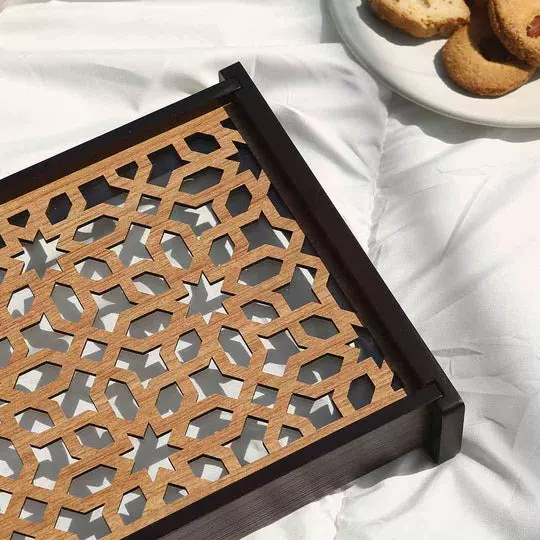 Wonderchef Casablanca Ornamental Tile Glass Tray Engineered Wood Brown 20x36x5 cm Small, 63154050