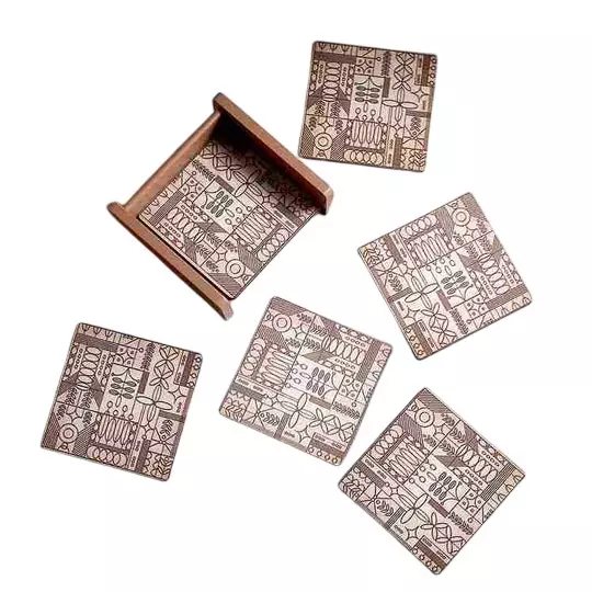 Wonderchef Casablanca Coaster Geometric Pattern Engineered Wood Brown 3.75x3.75x4 mm , 63154672 (6 Pcs Set)