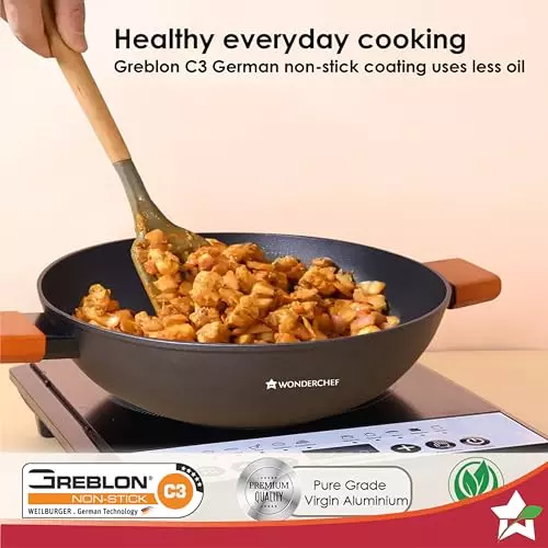 Wonderchef Caesar Forged Kadhai with Glass Lid 28 cm 3.7 L Greblon C3 Non-Stick Virgin Aluminium Black, 63154847