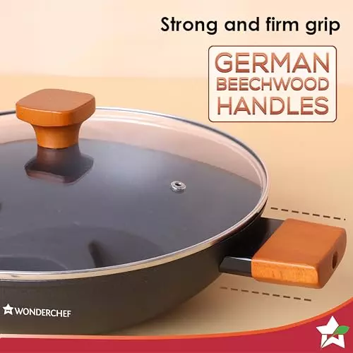 Wonderchef Caesar Forged Kadhai with Glass Lid 28 cm 3.7 L Greblon C3 Non-Stick Virgin Aluminium Black, 63154847