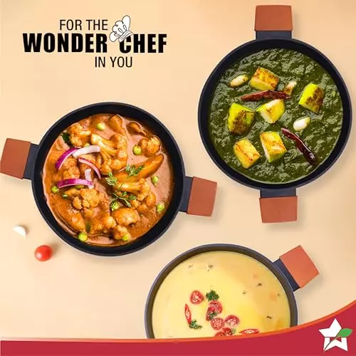 Wonderchef Caesar Forged Kadhai with Glass Lid 28 cm 3.7 L Greblon C3 Non-Stick Virgin Aluminium Black, 63154847