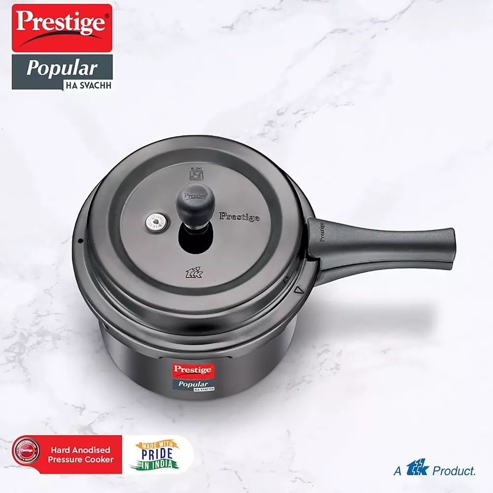 Prestige Popular Svachh Pressure Cooker 3 L Capacity Comfortable Handles Hard Anodised Black, 20335
