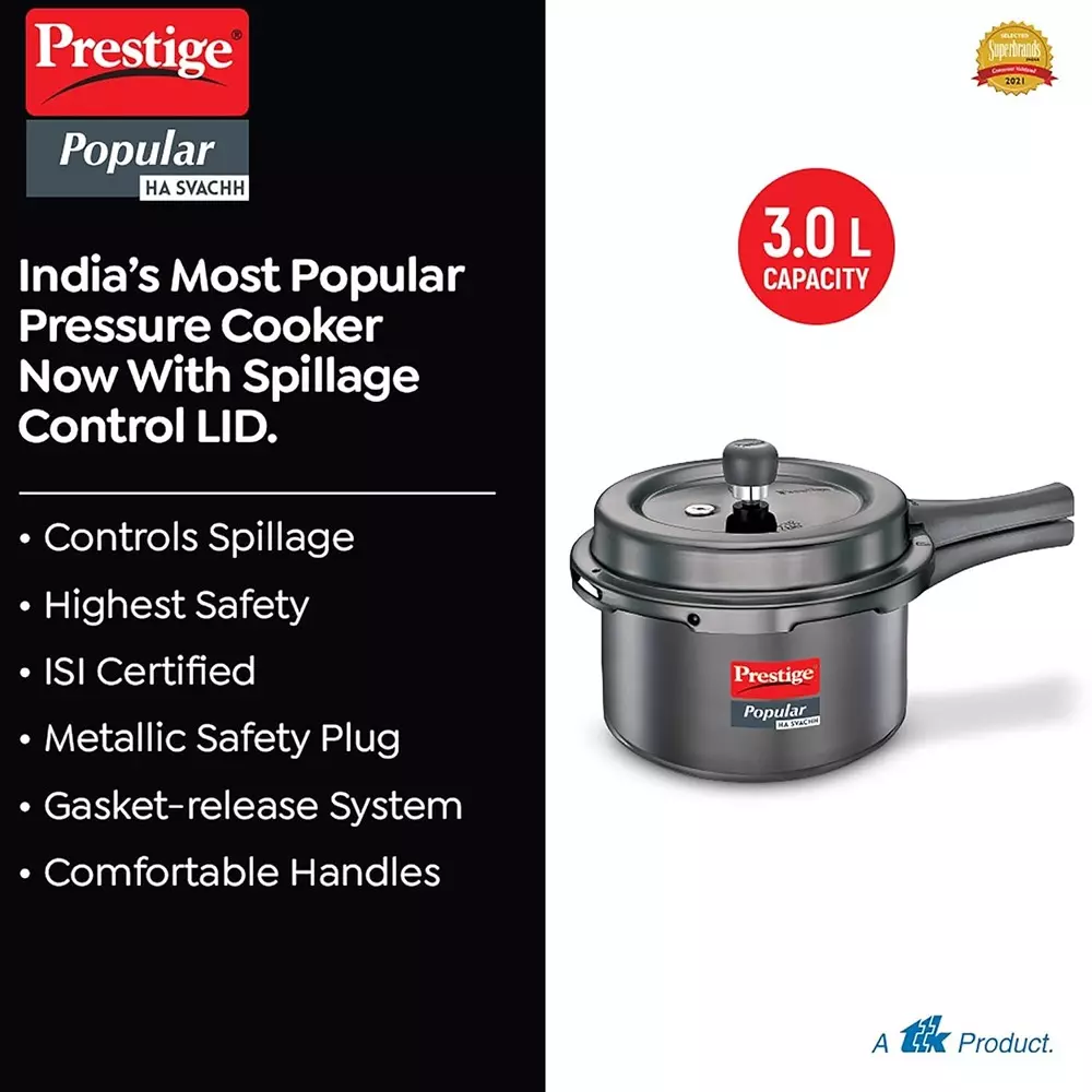 Prestige Popular Svachh Pressure Cooker 3 L Capacity Comfortable Handles Hard Anodised Black, 20335