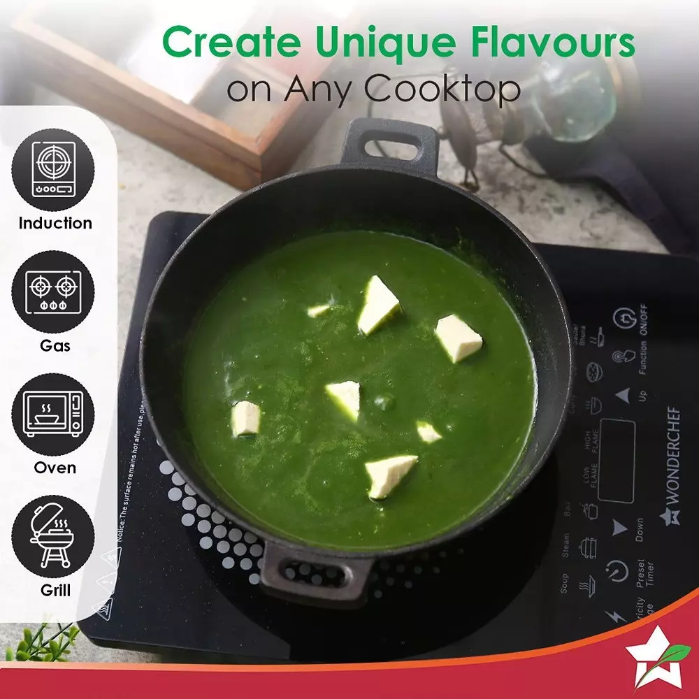 Wonderchef Forza Pre Seasoned Kadhai 24 cm 1.9 L Cast Iron Black, 63153474