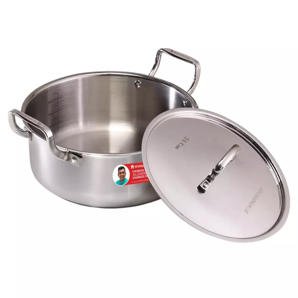 Wonderchef Stella Casserole with Lid 24 cm 4.5 L Tri-ply Stainless Steel Non-Toxic Chrome, 63155048