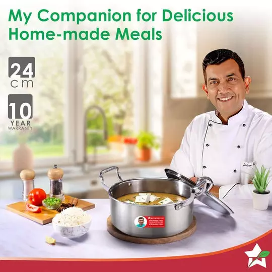 Wonderchef Stella Casserole with Lid 24 cm 4.5 L Tri-ply Stainless Steel Non-Toxic Chrome, 63155048