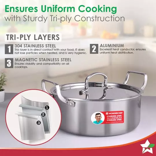 Wonderchef Stella Casserole with Lid 24 cm 4.5 L Tri-ply Stainless Steel Non-Toxic Chrome, 63155048