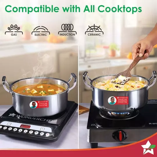 Wonderchef Stella Casserole with Lid 24 cm 4.5 L Tri-ply Stainless Steel Non-Toxic Chrome, 63155048