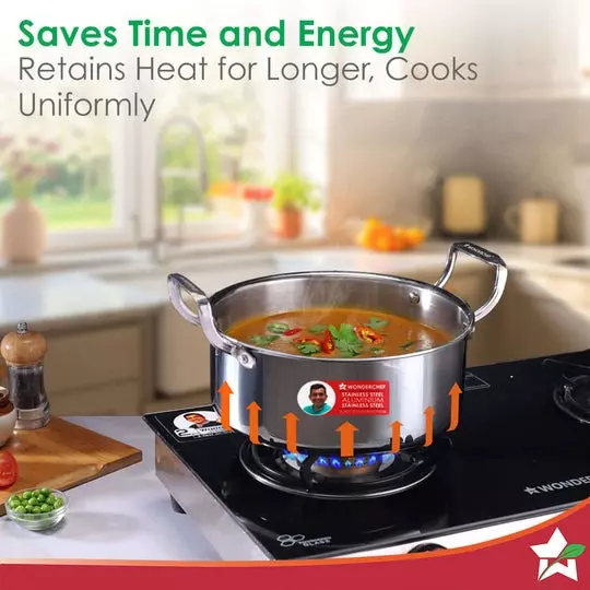 Wonderchef Stella Casserole with Lid 24 cm 4.5 L Tri-ply Stainless Steel Non-Toxic Chrome, 63155048