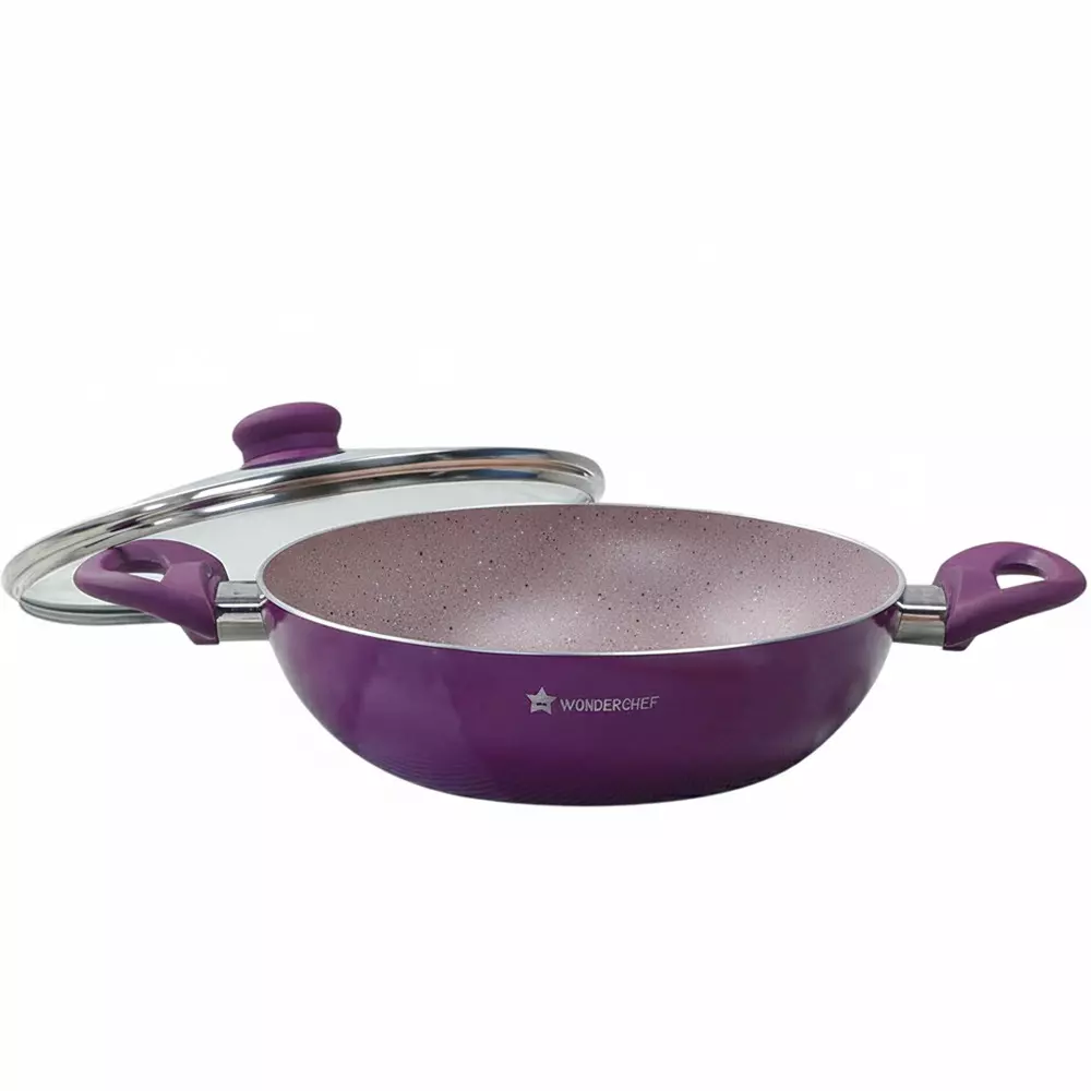 Wonderchef Royal Velvet Kadhai with Glass Lid 24 cm 2.7 L Virgin Aluminium Non-Stick Purple , 63152112