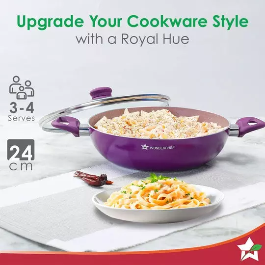 Wonderchef Royal Velvet Kadhai with Glass Lid 24 cm 2.7 L Virgin Aluminium Non-Stick Purple , 63152112