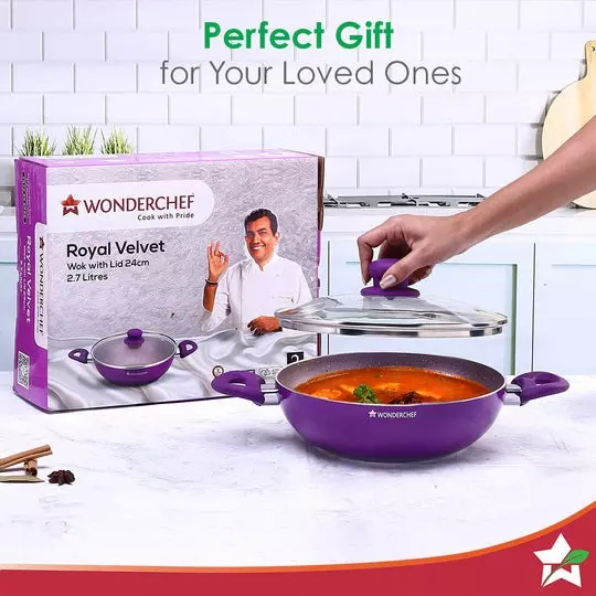 Wonderchef Royal Velvet Kadhai with Glass Lid 24 cm 2.7 L Virgin Aluminium Non-Stick Purple , 63152112