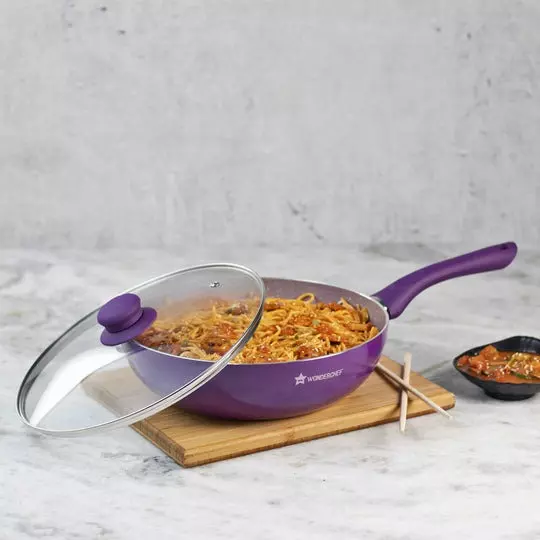 Wonderchef Royal Velvet Wok with Glass Lid 24 cm 2.7 L Virgin Aluminium Non-Stick Purple , 63152742