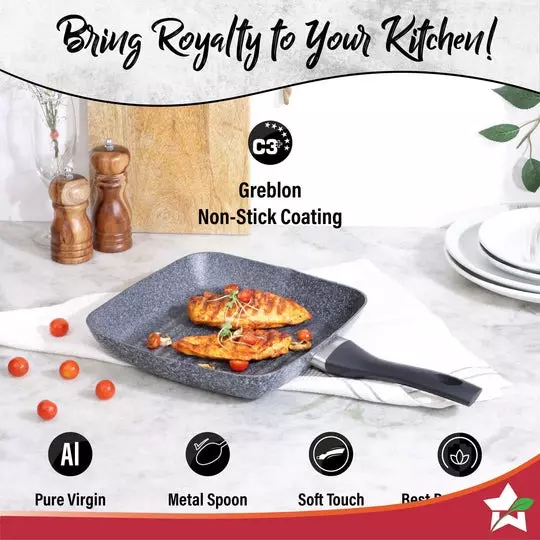 Wonderchef Graphite Grill Pan 24 cm 1.8 L Aluminium Greblon C3 Non-Stick Coating Grey, 63154343