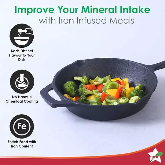 Wonderchef Forza Pre Seasoned Fry Pan 20 cm Cast Iron No Chemical Coating Black, 63153471