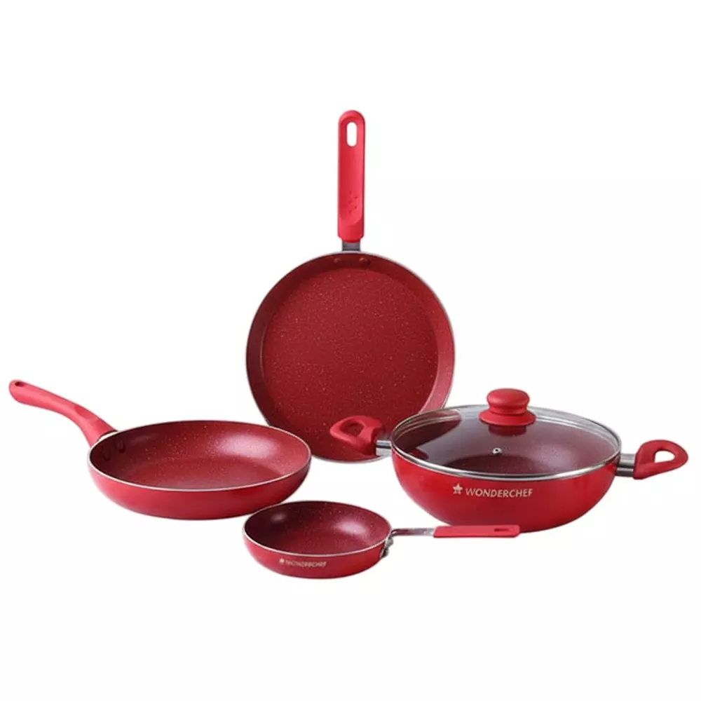 Wonderchef Royal Velvet Tawa, Mini and Big Fry Pan, Wok with Glass Lid Non-Stick Virgin Aluminium Red, 63152059 (5 Pcs Set)