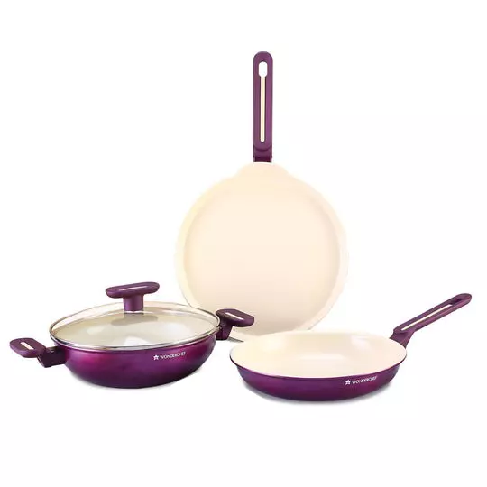 Wonderchef Bellagio Dosa Tawa, Fry Pan & Kadhai with Glass Lid Non-Stick Ceramic Deep Purple, 63154802 (4 Pcs Set)