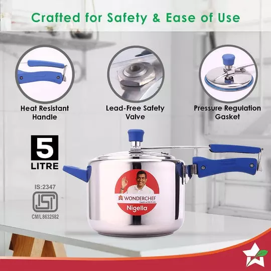 Wonderchef Nigella 5 L Pressure Cooker with Inner Lid Stainless Steel Chrome ISI Certified, 63153346