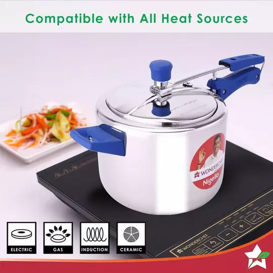 Wonderchef Nigella 5 L Pressure Cooker with Inner Lid Stainless Steel Chrome ISI Certified, 63153346