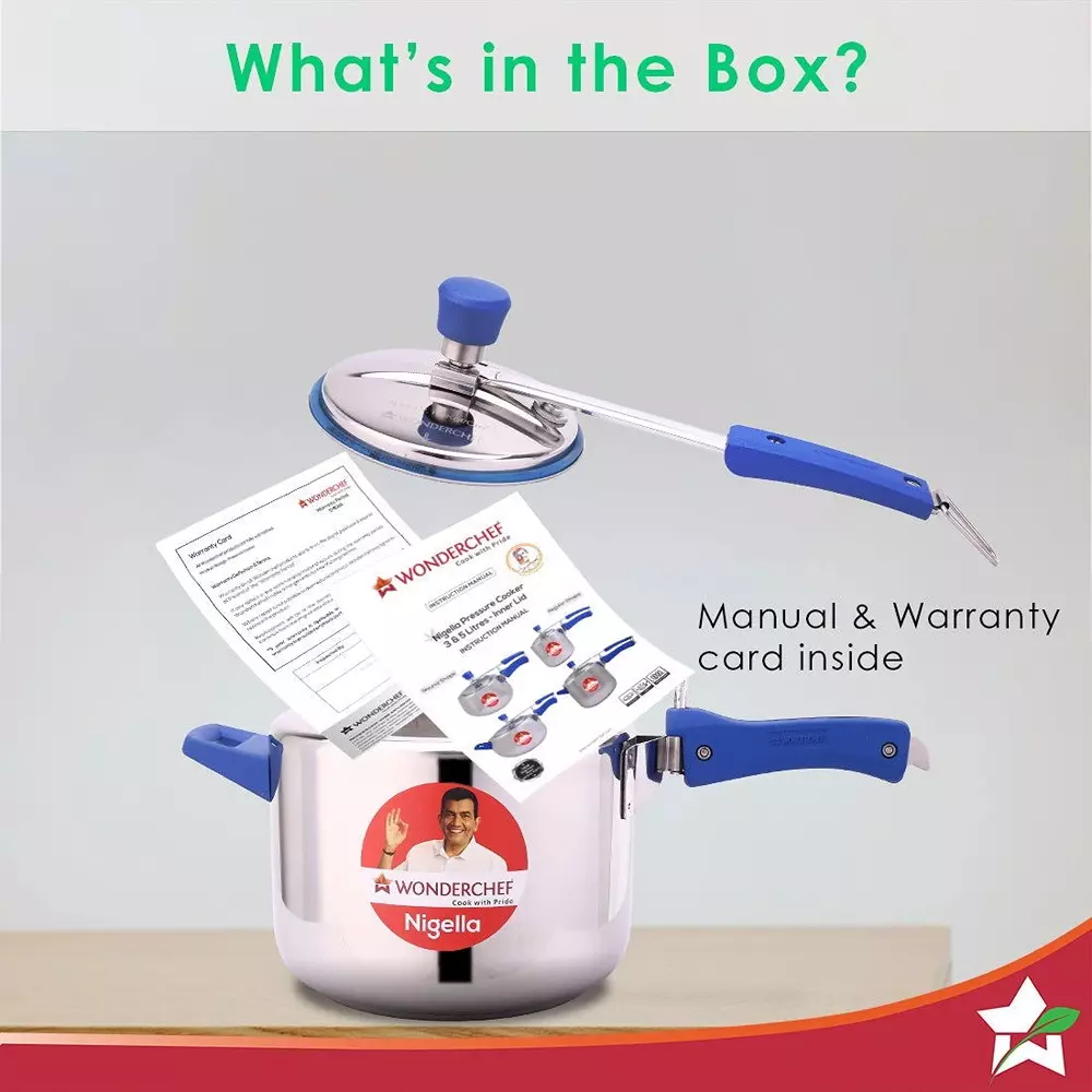 Wonderchef Nigella 5 L Pressure Cooker with Inner Lid Stainless Steel Chrome ISI Certified, 63153346